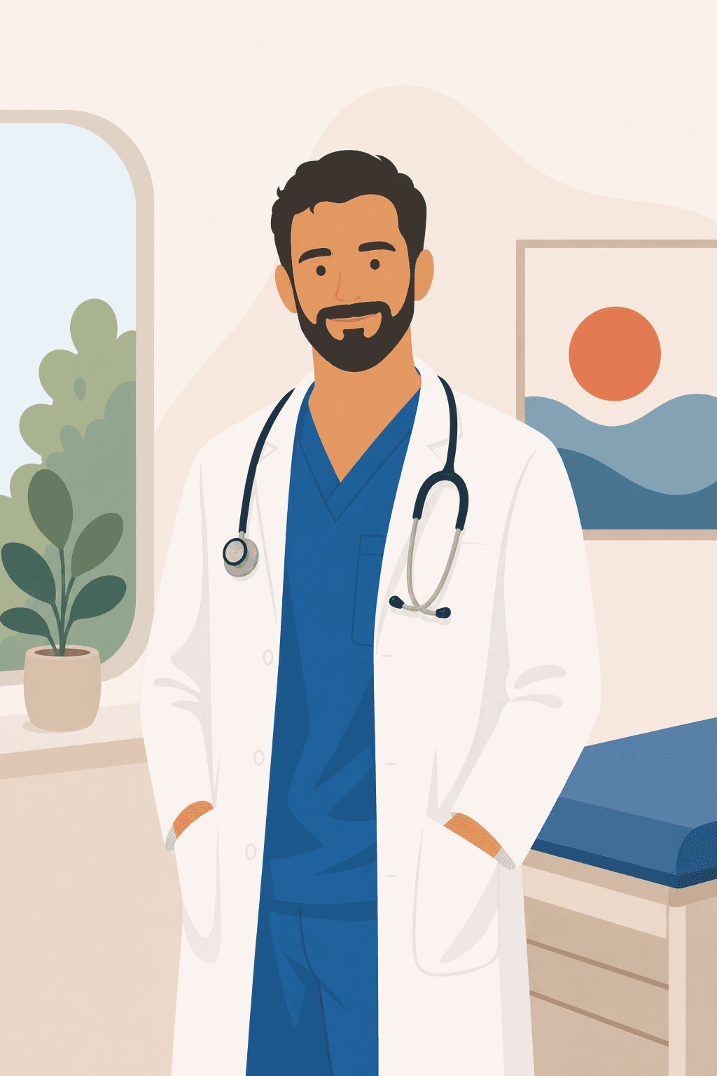 Illustrated portrait of a nurse practitioner in a white coat and stethoscope, representing Dr. Mohamud Hassan, DNP