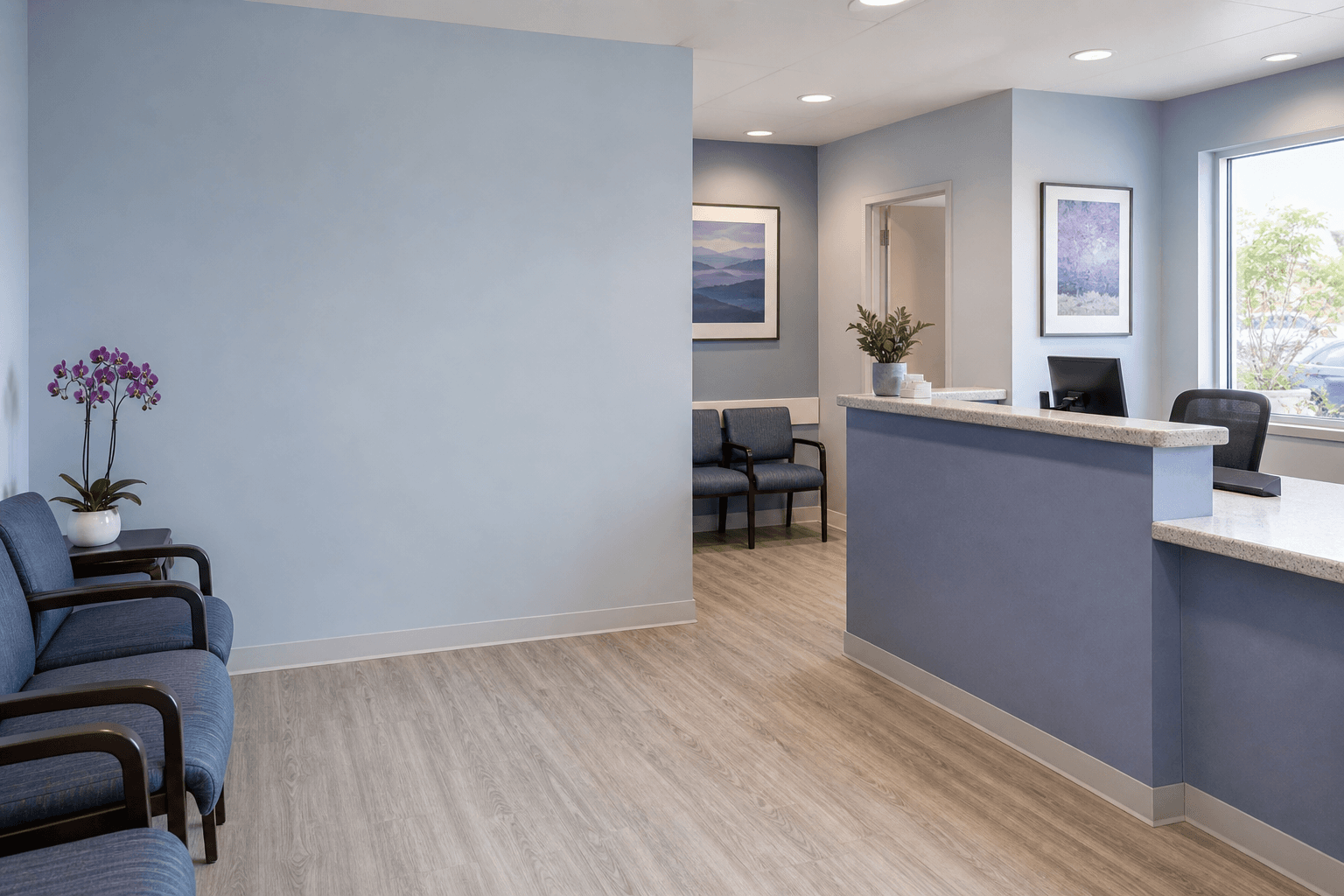 The bright, modern waiting area and reception desk at Gateway Urgent Care and IV Therapy, with comfortable seating and large windows