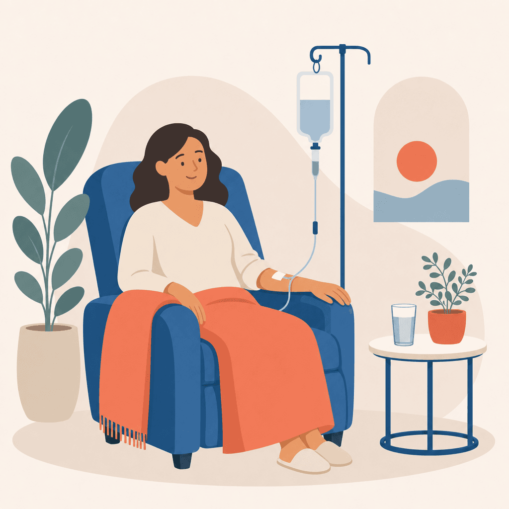 A relaxed patient receiving an IV drip in a calm therapy lounge, seated in a comfortable recliner beside a drip stand